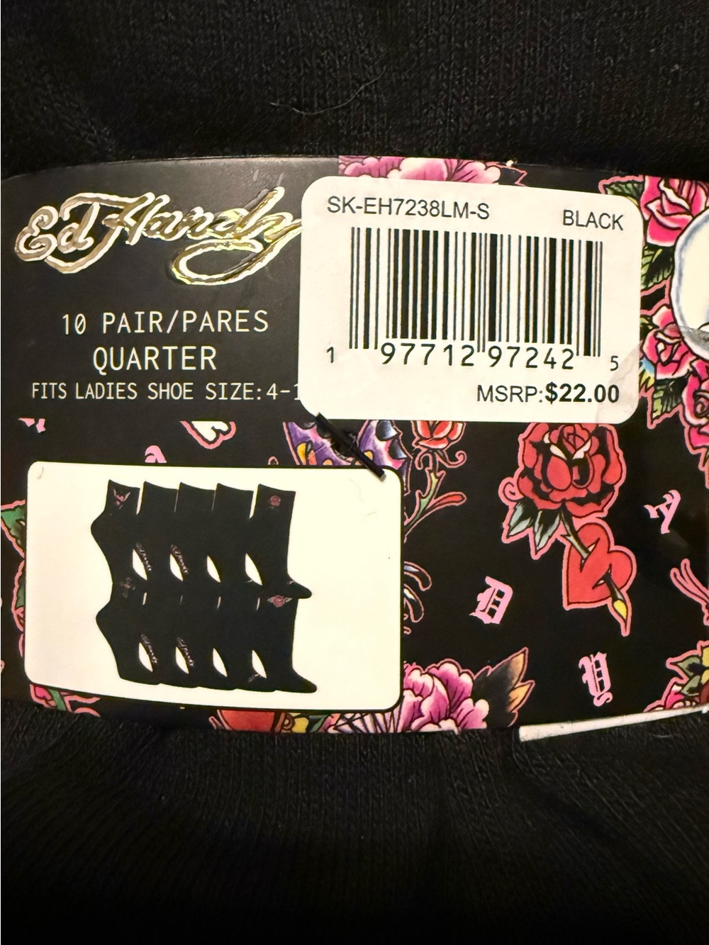 Ed Hardy Black 10 Pairs Quarter Socks - Picture 2 of 2